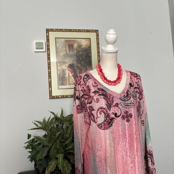 Lily By Firmiana Women Summer Tunic XL Long Sleeve V-neck Collarless Floral - Picture 2 of 10